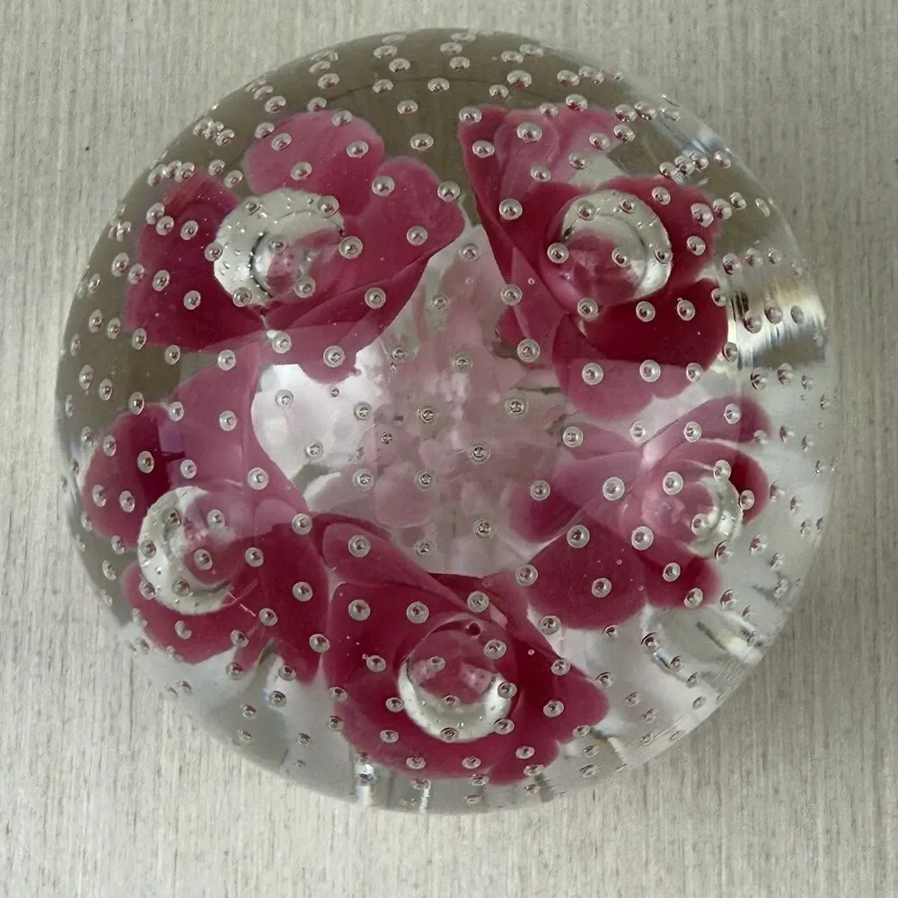 Vintage Joe St Claire Pink Trumpet Flowers Controlled Bubble Paper Weight 3”